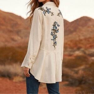 NOSTALGIA Y2K White Denim Embroidered Flowers High Low Peplum Shirt Sz S